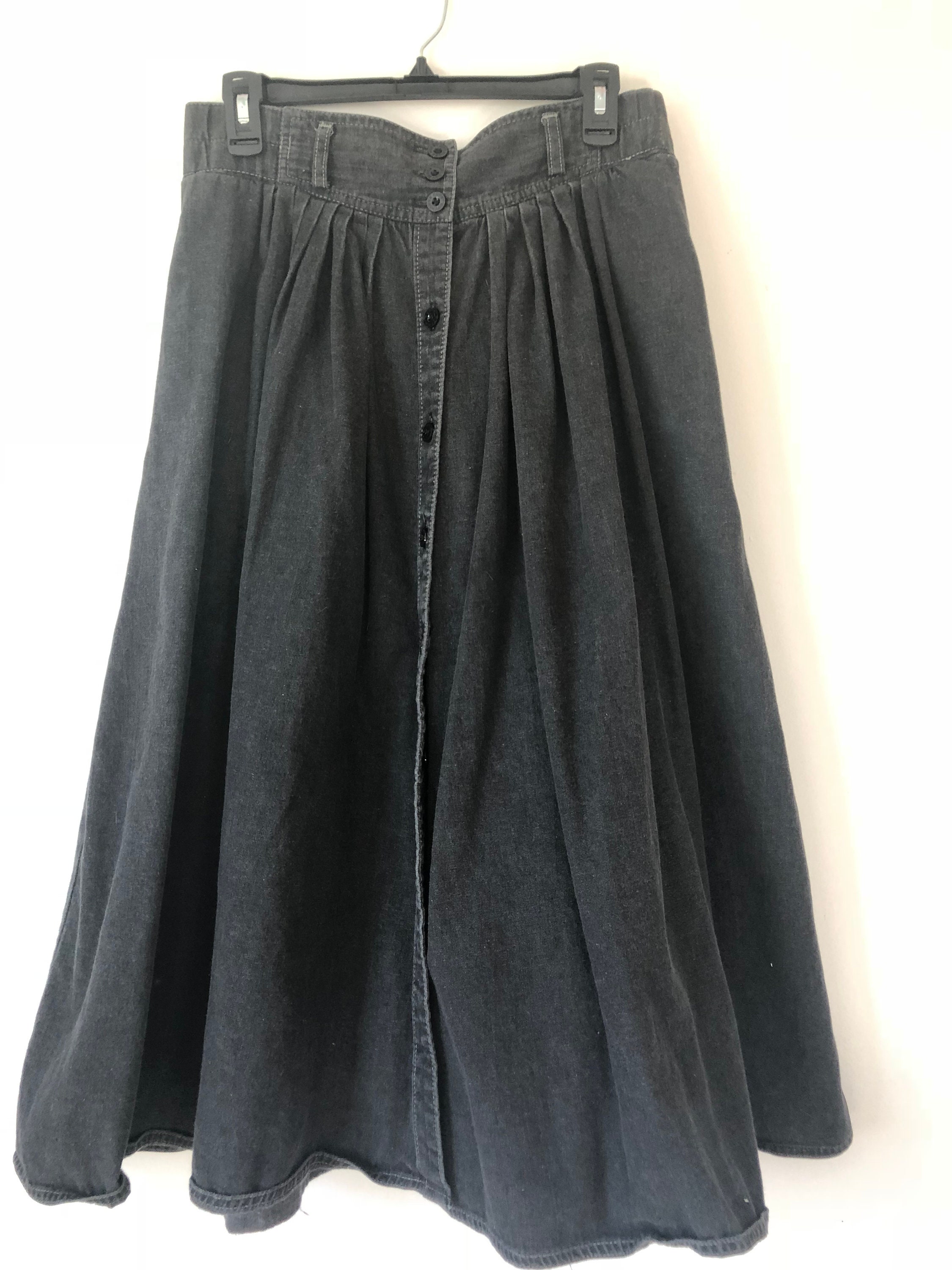 PLEATED FULL 90S Button Front Mom Skirt Black Denim With | Etsy