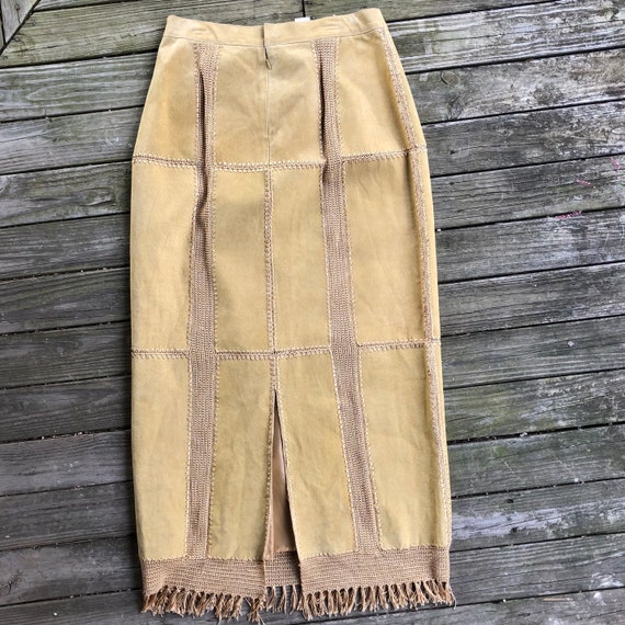 70s suede patchwork crochet maxi skirt with fringe
