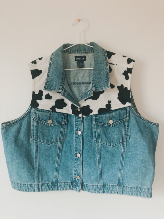 Cow print denim 90s vest extra large