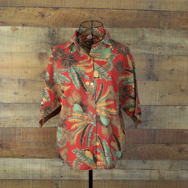 Vintage Womens Hawaiian Shirt, Med, Button Front, Tropical Blouse, Luau, Tiki Party, Toucan, Parrot, 80s Clothes, Summer, Resortwear, Cruise