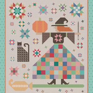 May include: A quilt pattern titled The Quilted Witch featuring a central witch figure holding a pumpkin and a needle, accompanied by a black cat, various star blocks, and a broomstick. The design includes the text The Quilted Witch and Designed by Lori Holt Bee in my Bonnet Co.
