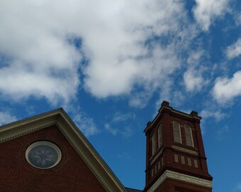 Lovely Church with a Bright Blue Sky and White Clouds.  Digital Download Photograph.