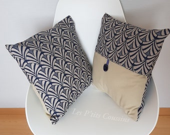 Housse de coussin motifs géométriques bleu et taupe, accessoire décoration moderne