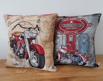 Housse de coussin aux motifs de motos américaines vintages, coussin déco vintage, cadeau homme