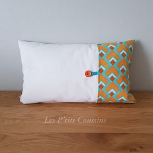 Housse de coussin décoratif motifs géométriques d' inspiration seventies, coussin motifs vintages orange et bleu image 6
