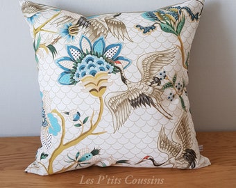 Housse de coussin aux motifs de fleurs japonaises et de hérons, coussin ambiance nature et champêtre