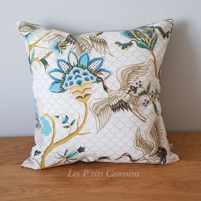 Cushion cover with Japanese flower and heron patterns, natural and country atmosphere cushion Grue et fleur