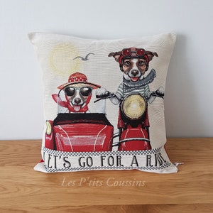 Decorative cushion cover with patterns of Mr and Mrs Jack Russell on their red sidecar, animal pattern cushion image 10