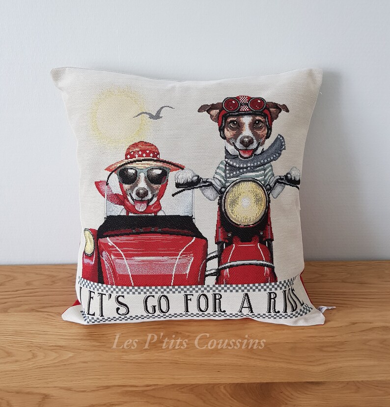 Decorative cushion cover with patterns of Mr and Mrs Jack Russell on their red sidecar, animal pattern cushion image 10