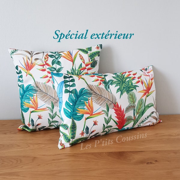 Housse de coussin spécial extérieur aux motifs tropicaux, coussin spécial salon de jardin, accessoire déco véranda tropicale