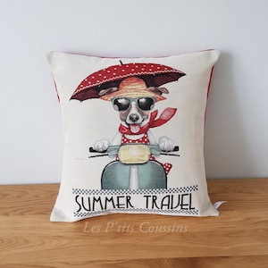 Decorative cushion cover with patterns of Mr and Mrs Jack Russell on their red sidecar, animal pattern cushion image 1