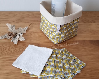 Lingette lavable et panière assortie en tissu éponge bio aux motifs fleurs style scandinave