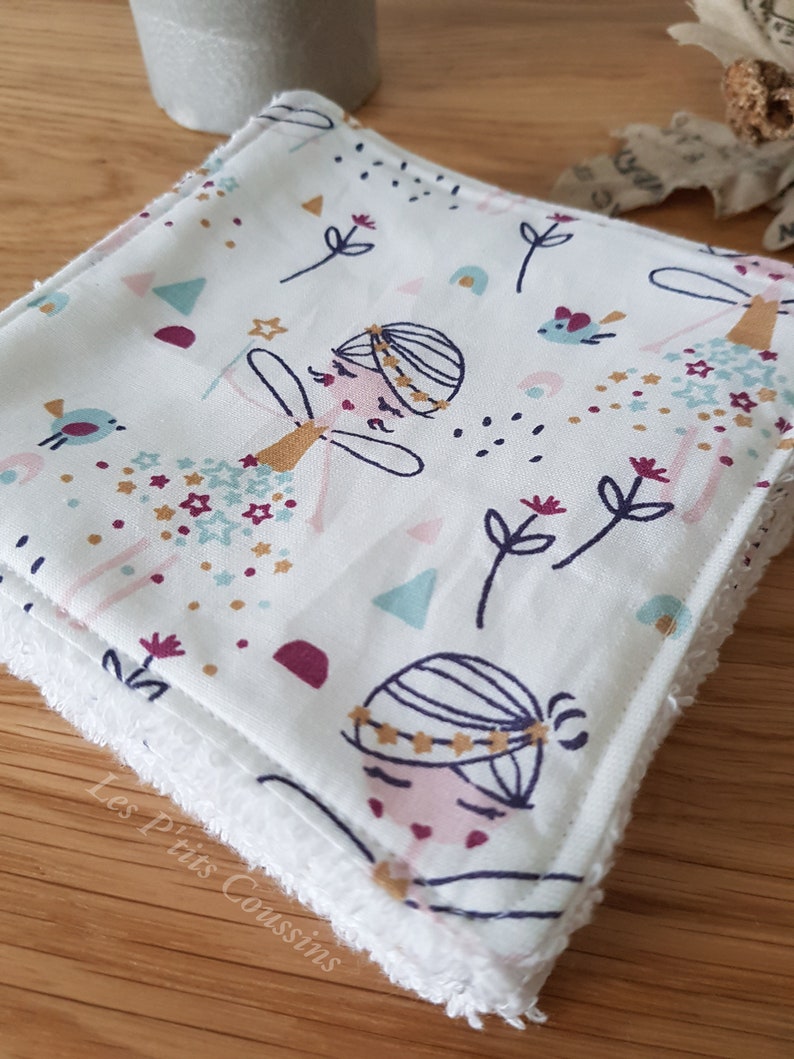 Washable wipe for baby or mother with fairy motifs and organic cotton sponge with matching basket image 6