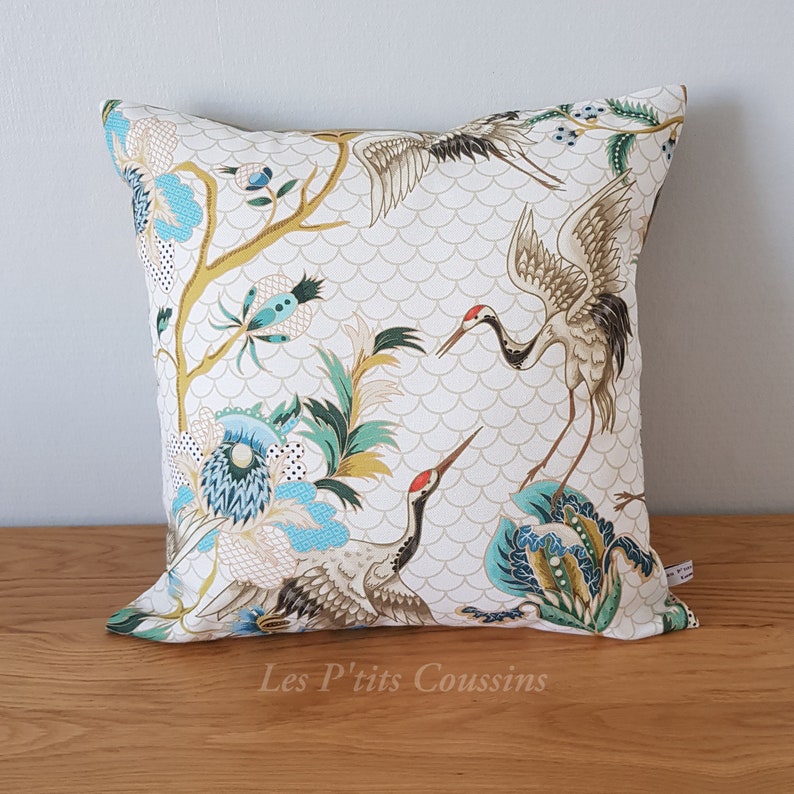 Cushion cover with Japanese flower and heron patterns, natural and country atmosphere cushion Deux grues
