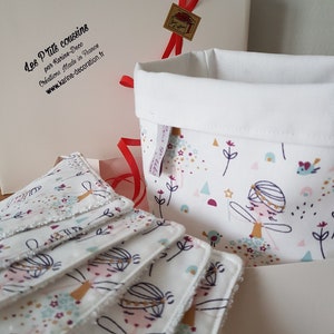 Washable wipe for baby or mother with fairy motifs and organic cotton sponge with matching basket image 3