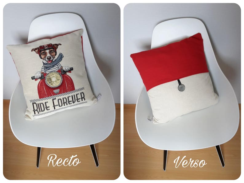 Decorative cushion cover with patterns of Mr and Mrs Jack Russell on their red sidecar, animal pattern cushion image 5