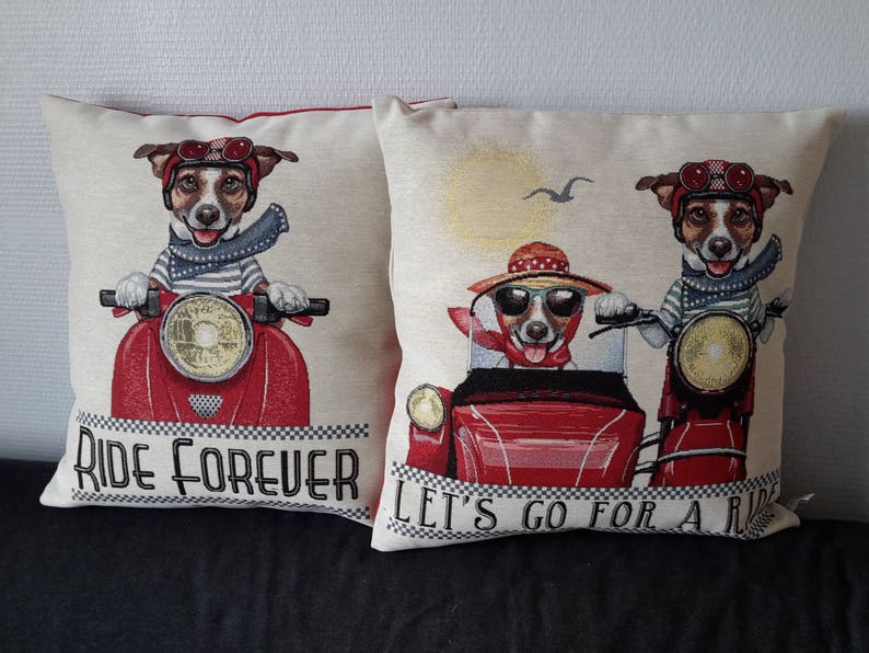 Decorative cushion cover with patterns of Mr and Mrs Jack Russell on their red sidecar, animal pattern cushion image 6