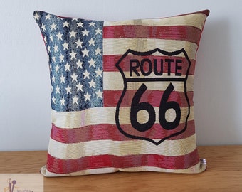 Housse de coussin motifs drapeau américain et route 66, coussin motif vintage américain