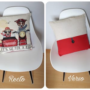 Decorative cushion cover with patterns of Mr and Mrs Jack Russell on their red sidecar, animal pattern cushion image 3