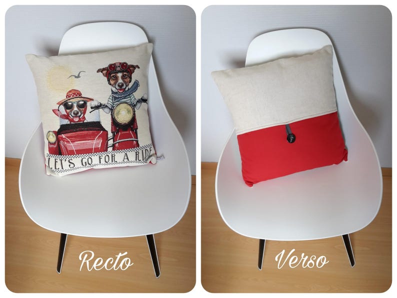 Decorative cushion cover with patterns of Mr and Mrs Jack Russell on their red sidecar, animal pattern cushion image 3