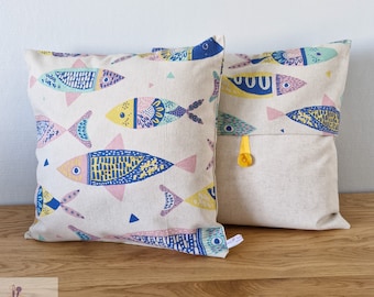 Fodera per cuscino con motivi marini di pesci colorati, accessorio decorativo per soggiorno al mare, cuscino marino
