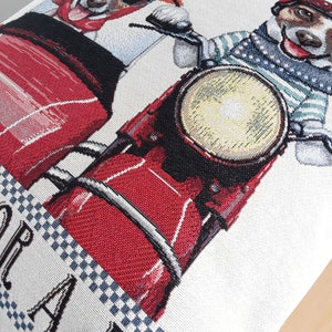 Decorative cushion cover with patterns of Mr and Mrs Jack Russell on their red sidecar, animal pattern cushion image 7