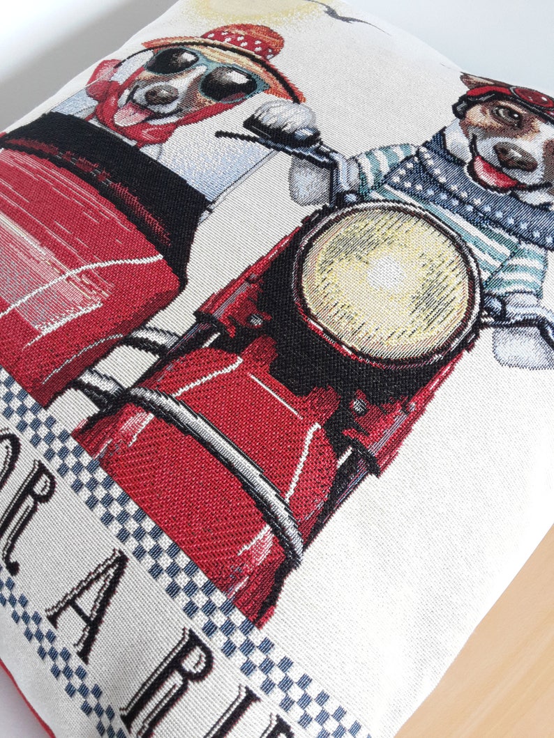 Decorative cushion cover with patterns of Mr and Mrs Jack Russell on their red sidecar, animal pattern cushion image 7