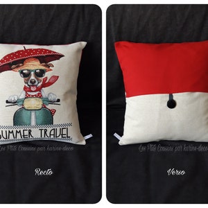 Decorative cushion cover with patterns of Mr and Mrs Jack Russell on their red sidecar, animal pattern cushion image 4