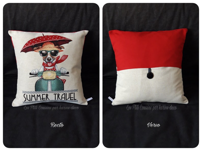 Decorative cushion cover with patterns of Mr and Mrs Jack Russell on their red sidecar, animal pattern cushion image 4