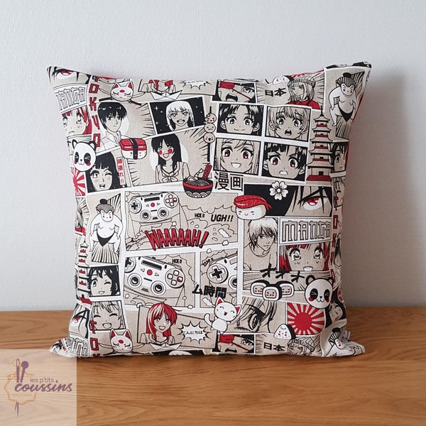 Housse de coussin aux motifs de bandes dessinées style manga, accessoire déco chambre ado, cadeau noël