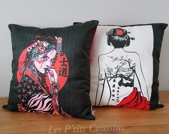 Velvet cushion cover with manga and Japanese inspired patterns, Japanese patterned cushion and tattoos
