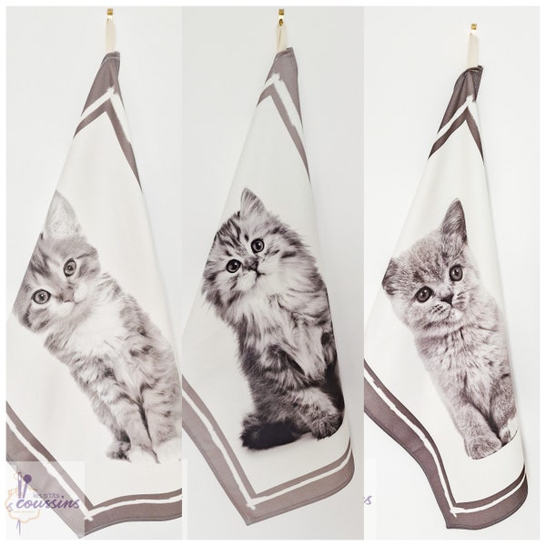 Torchon de cuisine aux motifs de chats en noir et blanc, essuie main motifs chatons, linge de maison