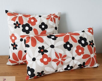 Cushion cover vintage terracotta flower patterns, white and black, colorful seventies living room decoration accessory