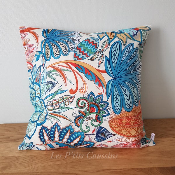 Grande housse de coussin motifs tropicaux dominance bleu ou orange, coussin rectangulaire exotique