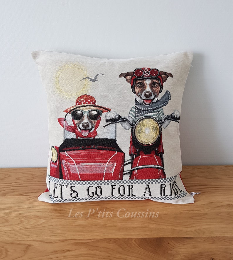 Decorative cushion cover with patterns of Mr and Mrs Jack Russell on their red sidecar, animal pattern cushion image 2