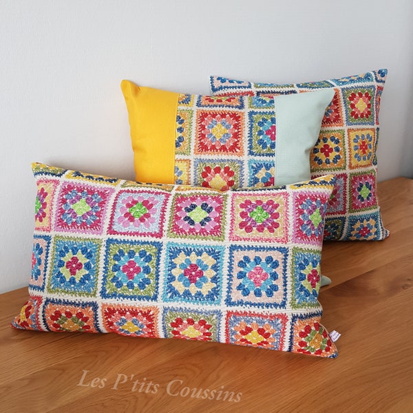 Housse de coussin motifs carrés de crochets vintages et colorés, accessoires déco rétro