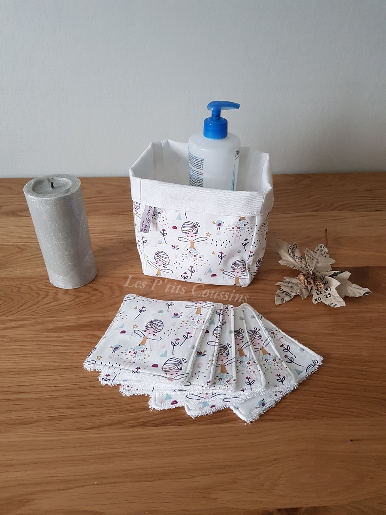 Washable wipe for baby or mother with fairy motifs and organic cotton sponge with matching basket image 1