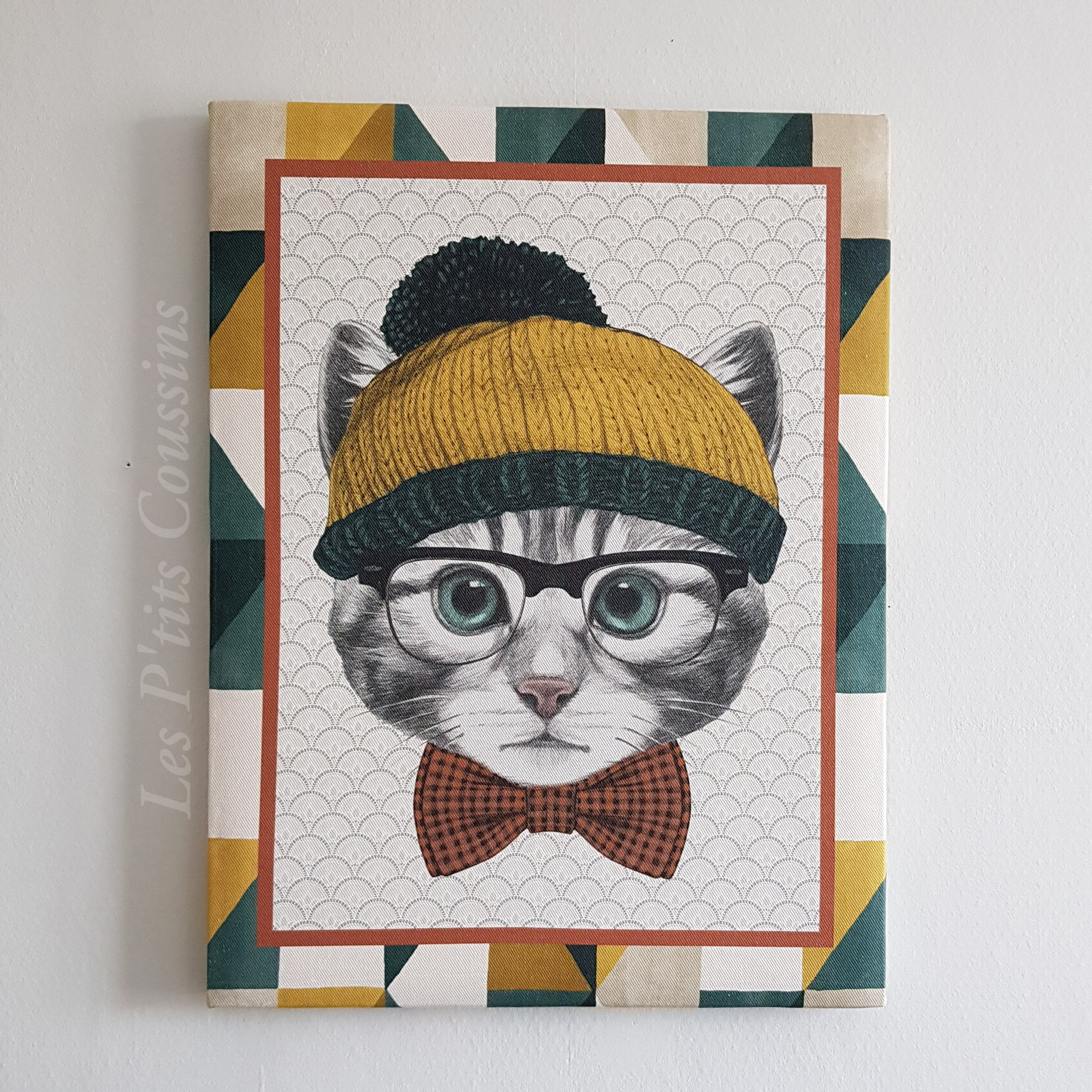 Tableau Aux Motifs d'un Chat Gris à Lunettes et Bonnet