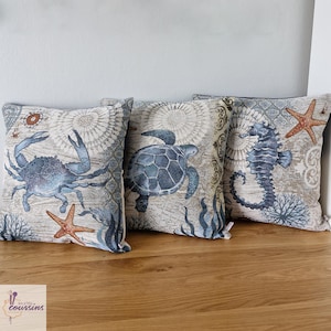 Funda de cojín con motivos marinos de cangrejo y caballito de mar con estrella de mar, accesorio decorativo de estilo marinero.