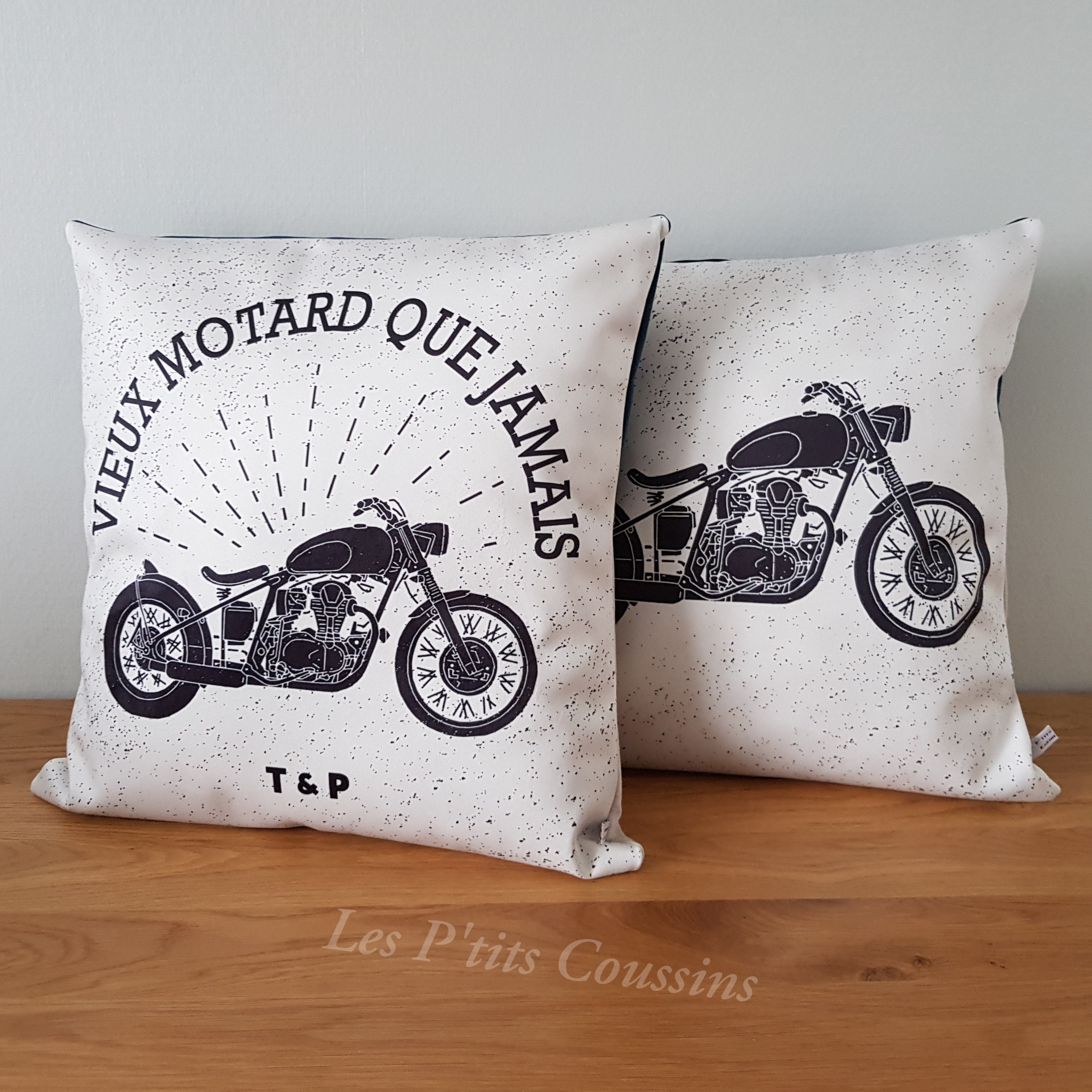 Velvet cushion cover with vintage motorcycle patterns in black on a white background, vintage cushion, gift for men