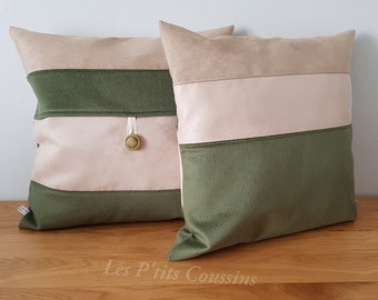 Housse de coussin unie vert et beige, accessoire déco salon classique, coussin tissu effet cuir et velours