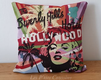 Housse de coussin motifs Marylin et Hollywood vintage, accessoire déco américaine