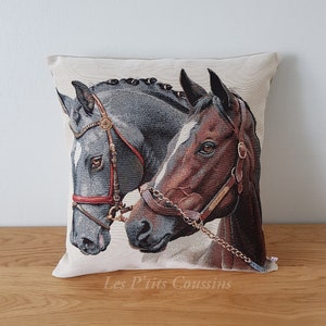 Horse patterned cushion cover for a country decoration, gift for horse lovers 2 chevaux