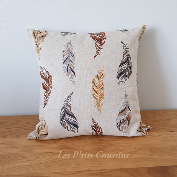 Decorative cushion cover with feather patterns in shades of beige and brown, Native American pattern cushion