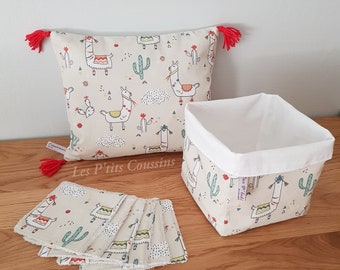 Coffret cadeau bébé ou enfant aux motifs de lamas et cactus, lingette lavable, panier et coussin assortis