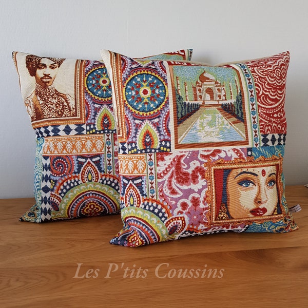 Housse de coussin décoratif aux motifs patchwork indiens, coussin motifs indous, coussin déco indienne