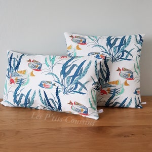 Funda de cojín con motivos de peces marinos y algas, complemento decorativo marinero