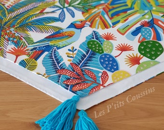 Table runner with tropical patterns of foliage and toucans, colorful exotic table runner