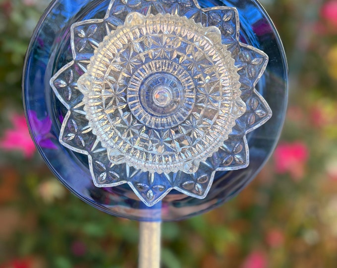 Repurposed Glass Plate Flower Glass Garden Art Glass Flower Plate