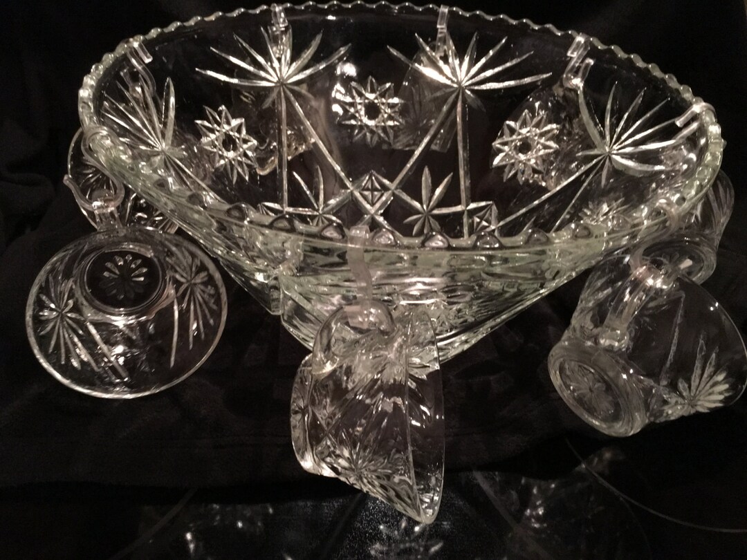 Early American Prescut Anchor Hocking Pedestal Punch Bowl 9 Piece